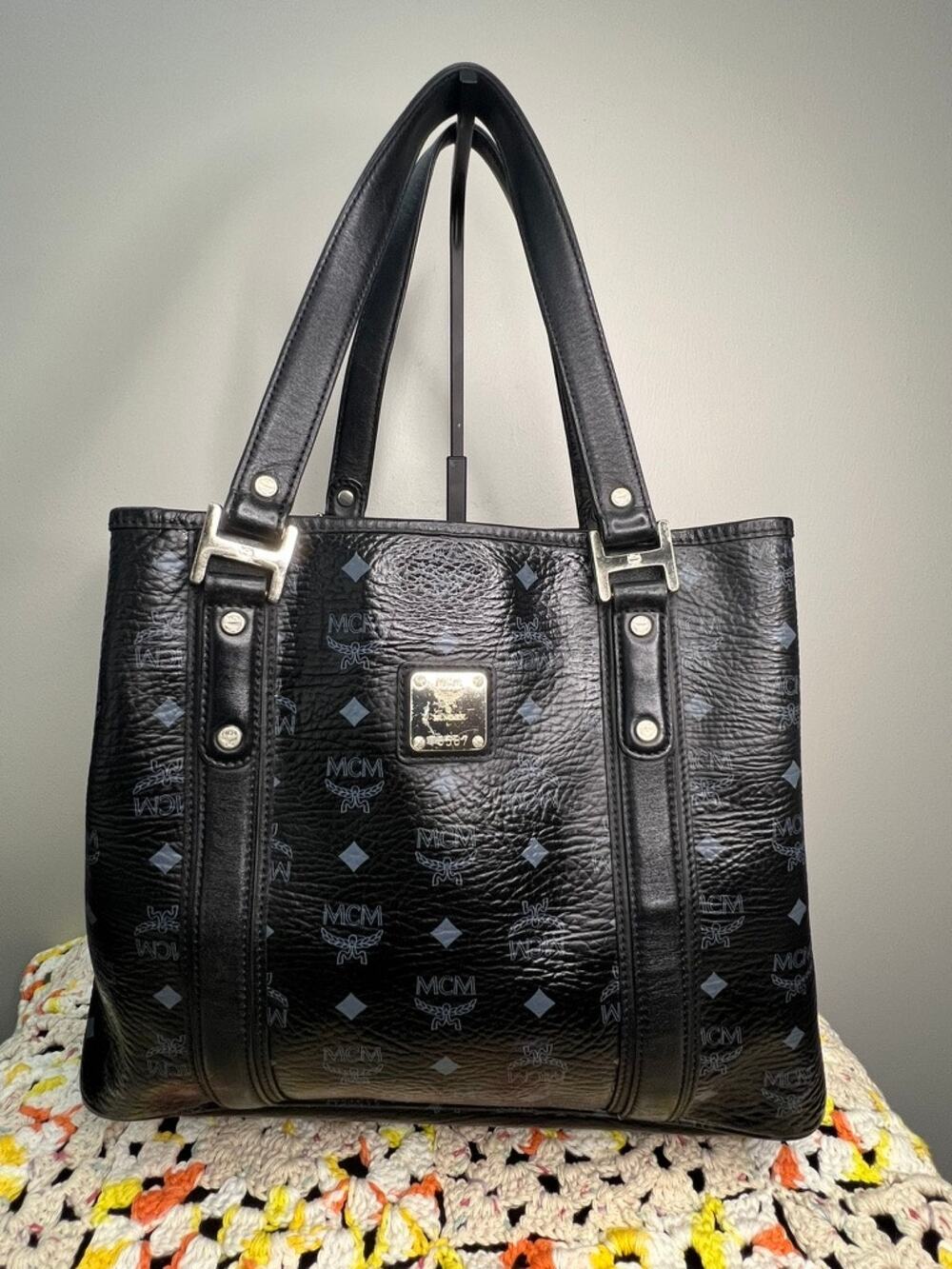 Authentic MCM Black Visetos Shopper Tote Shoulder Bag Silver Hardware Large
